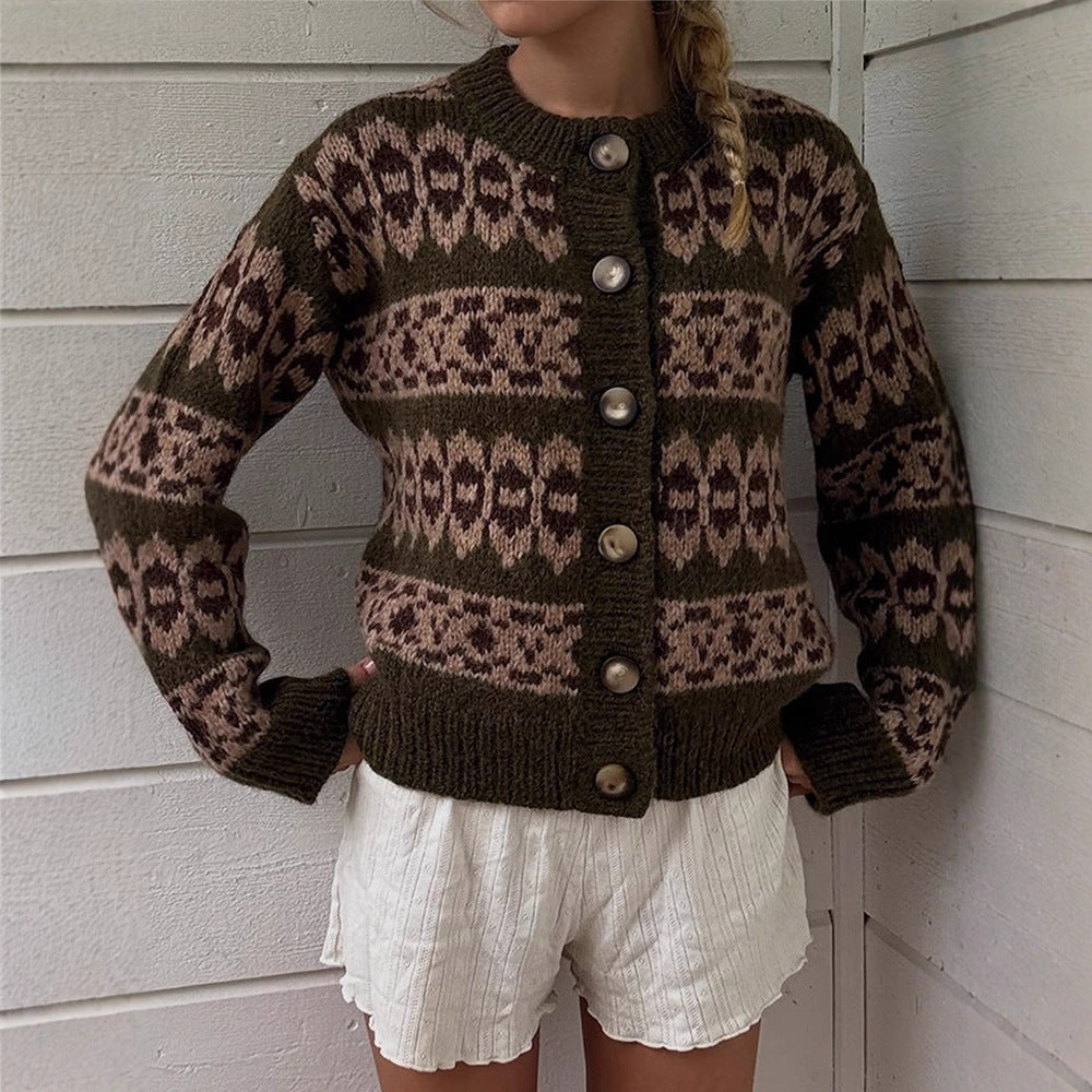 Damen Norwegermuster-Strickjacke mit Knopfleiste und geripptem Saum Drune