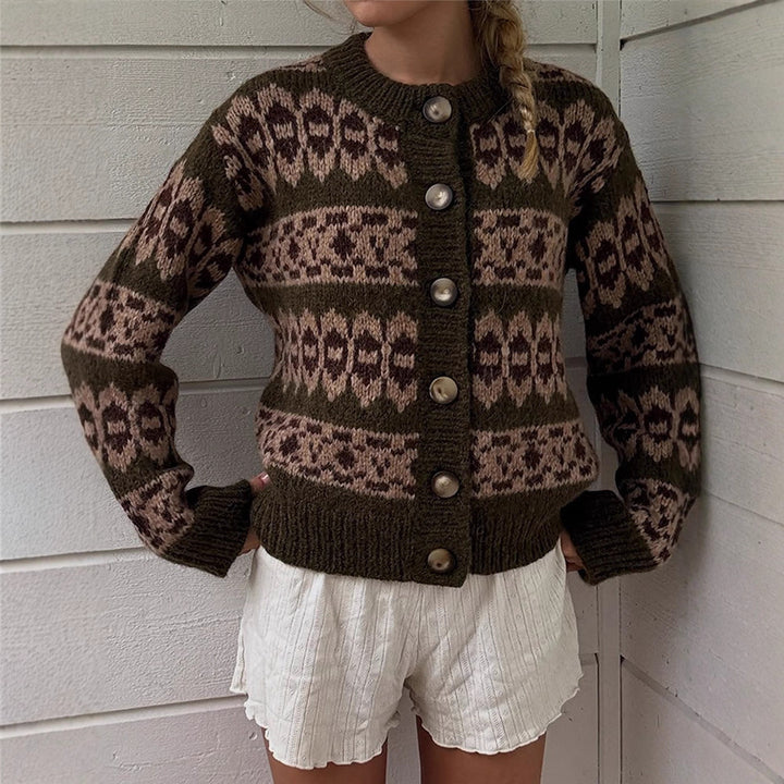 Damen Norwegermuster-Strickjacke mit Knopfleiste und geripptem Saum Drune