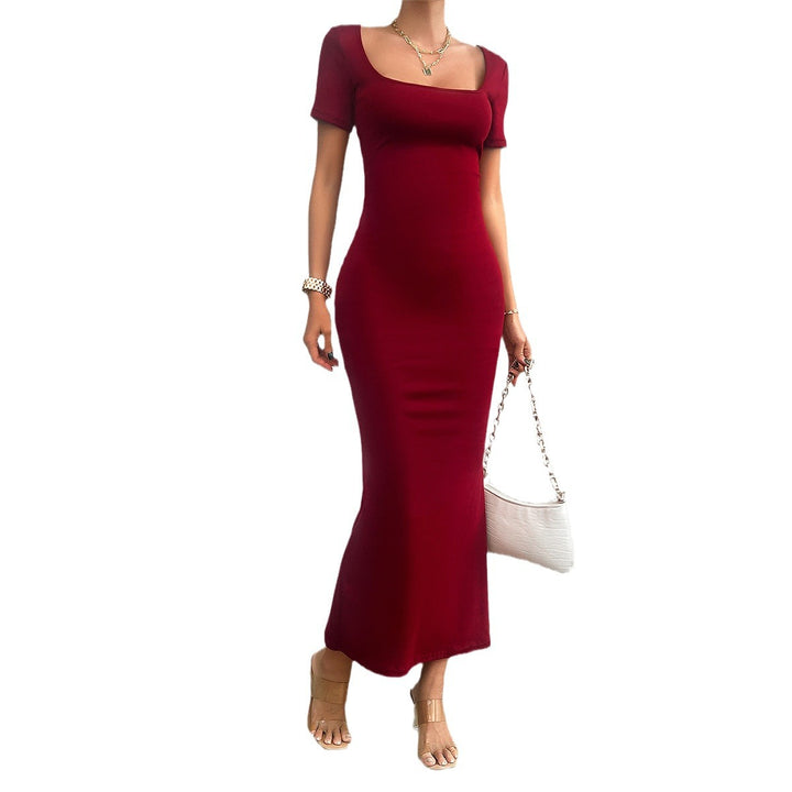 Damen figurbetontes Maxikleid mit quadratischem Ausschnitt und kurzen Ärmeln Drune