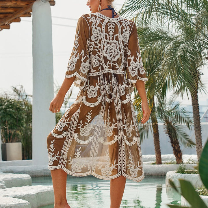 Damen elegante Häkel-Strandrobe mit voluminösen Ärmeln und floralem Design Drune