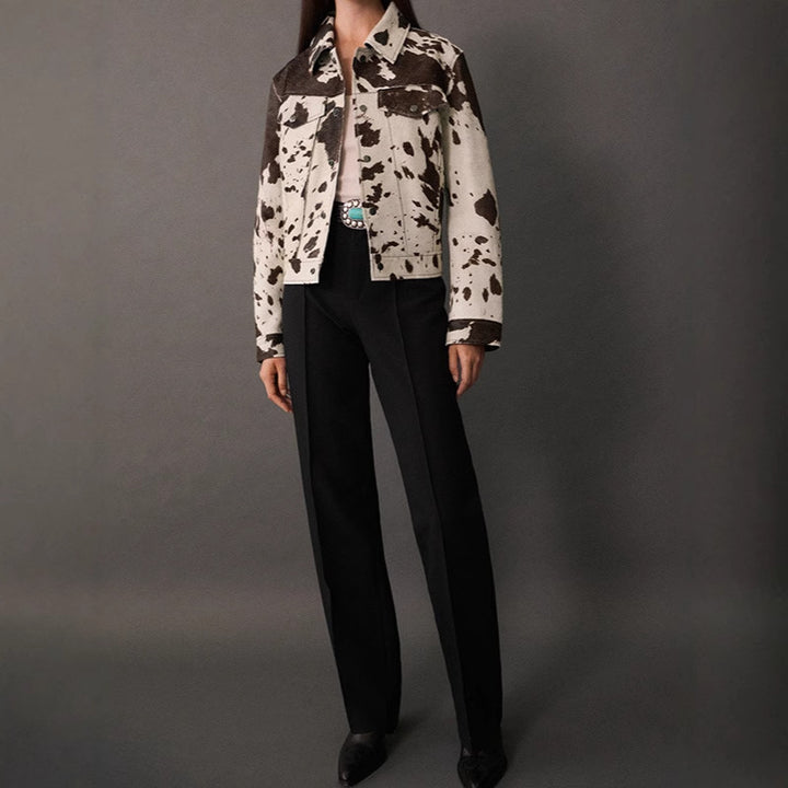 Damen modische Lammfelljacke mit auffälligem Tiermotiv Drune