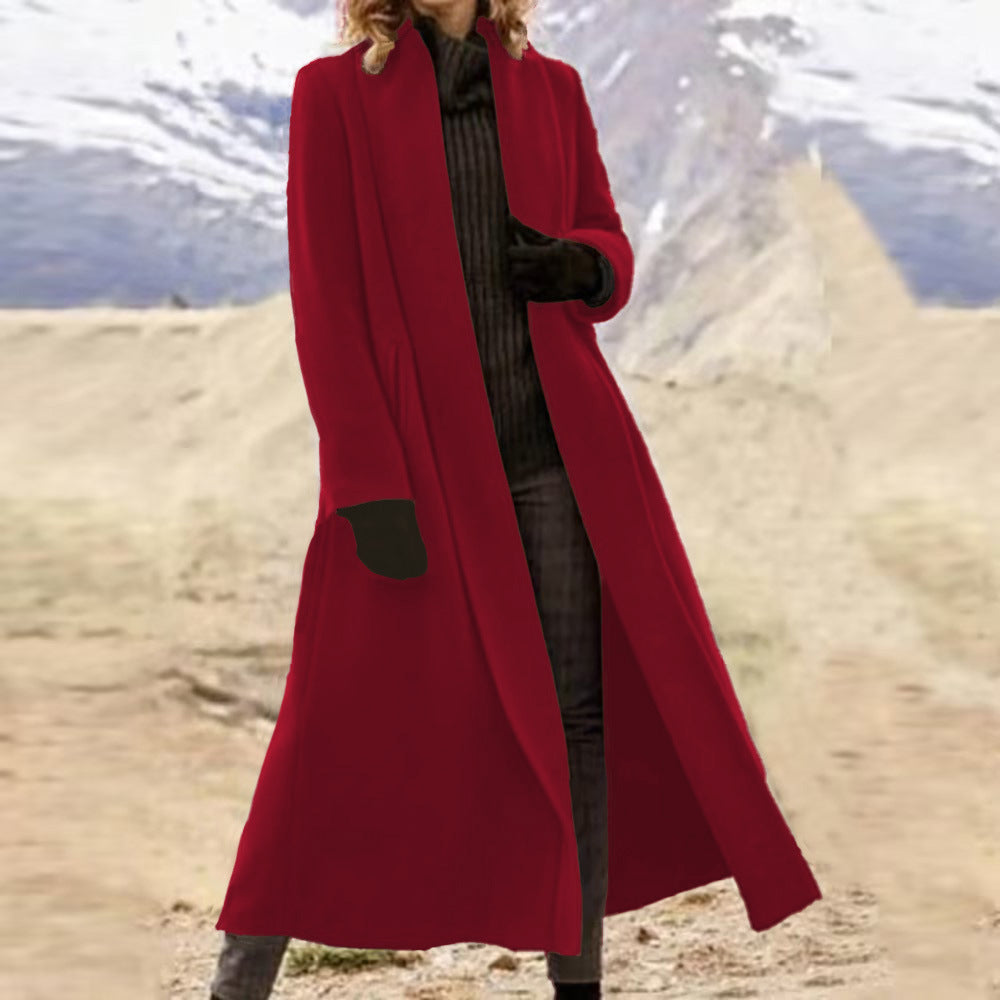 Damen eleganter langer Wollmix-Mantel mit offenem Fall und seitlichen Eingrifftaschen Drune