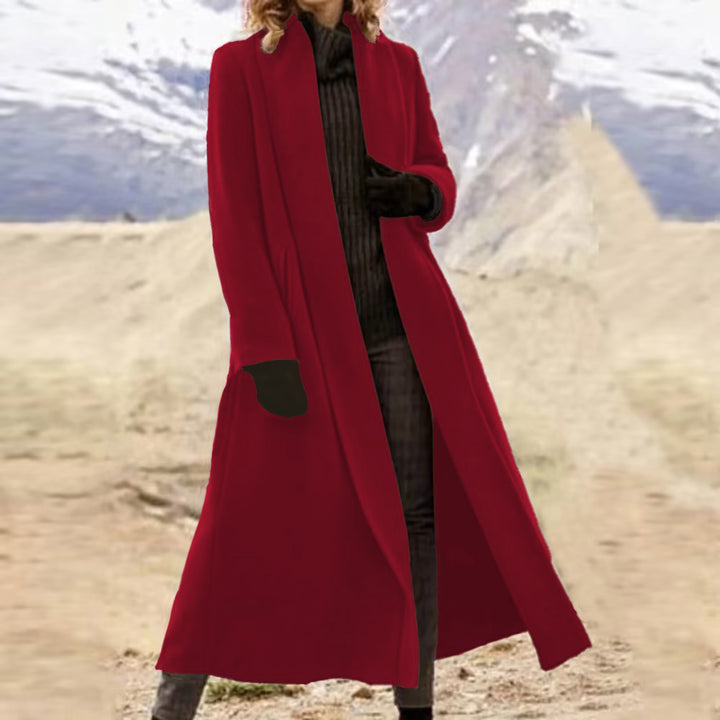 Damen eleganter langer Wollmix-Mantel mit offenem Fall und seitlichen Eingrifftaschen Drune