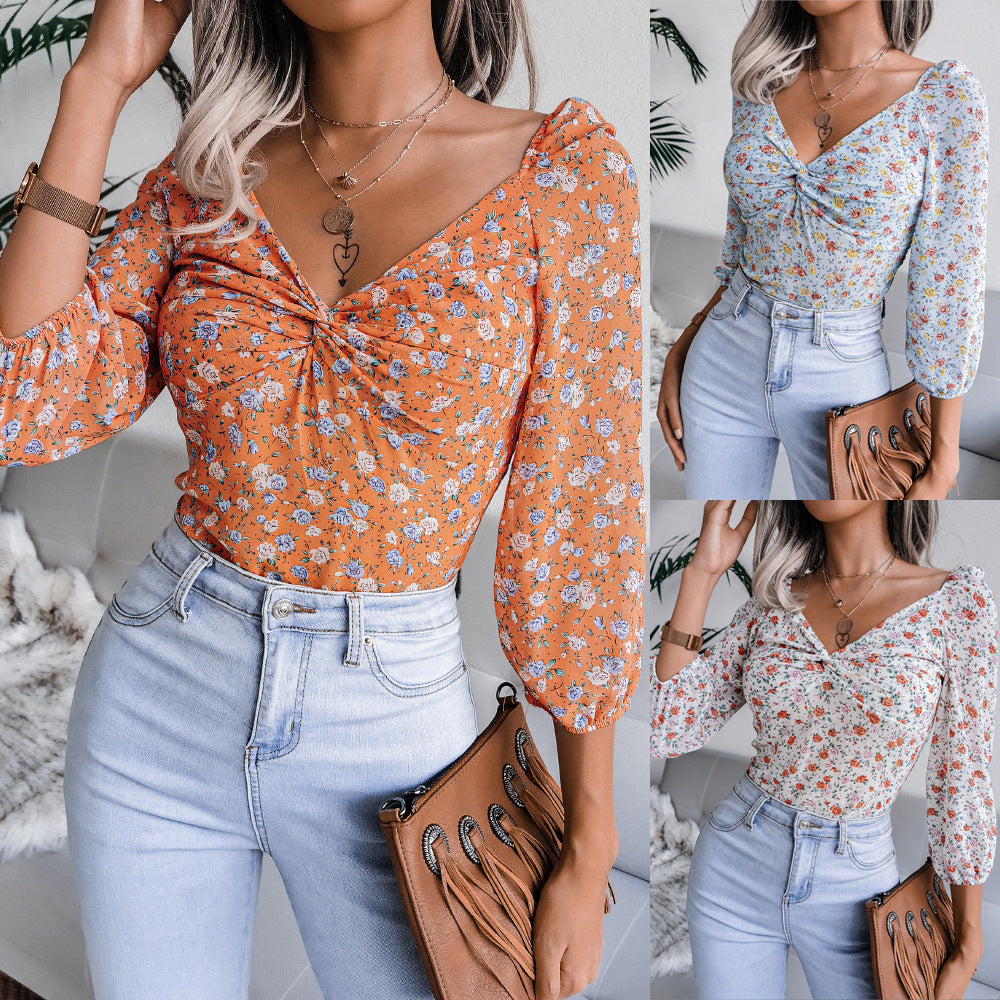 Damen Bluse mit zeitlosem Blumenprint und seitlichem Knotendetail Drune
