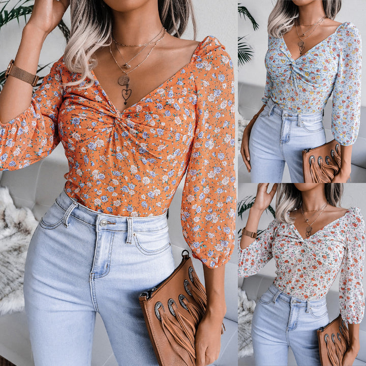 Damen Bluse mit zeitlosem Blumenprint und seitlichem Knotendetail Drune