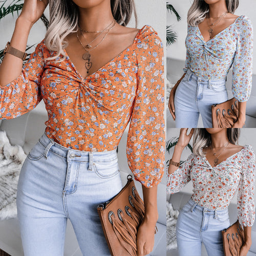 Damen Bluse mit zeitlosem Blumenprint und seitlichem Knotendetail Drune