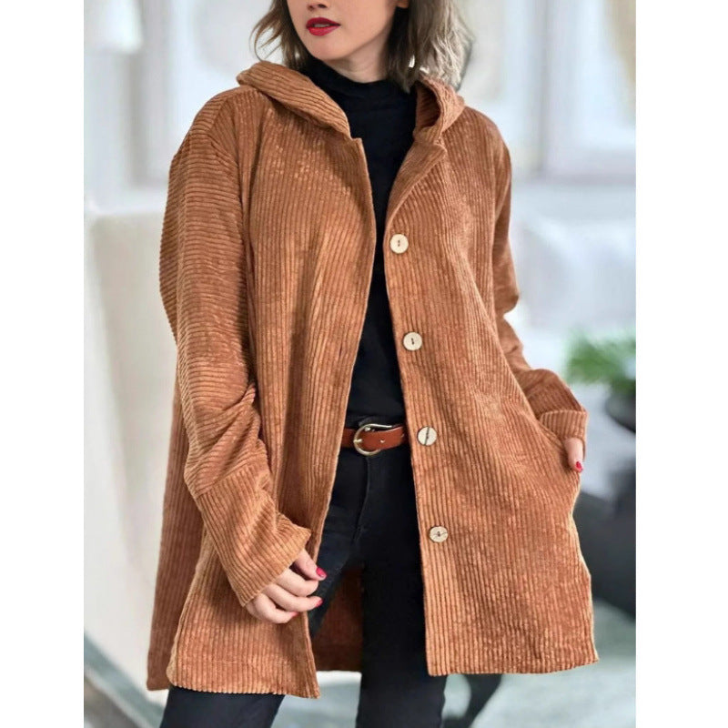 Drune | Jacke mit Kapuze - Cord - Lockere Passform - Mittlere Länge - Knopfdetails