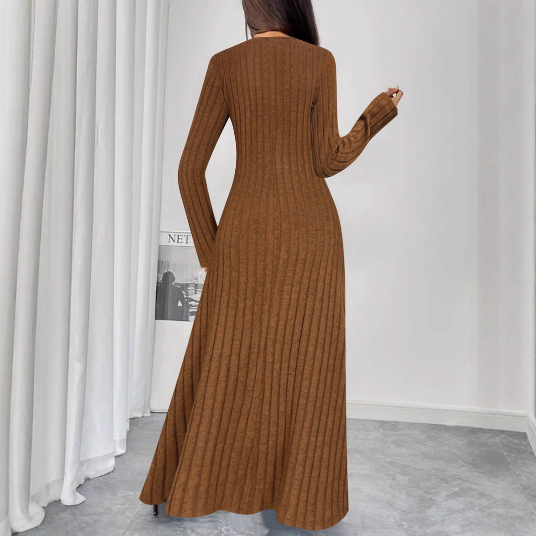 Damen Geripptes Maxi-Strickkleid mit Taillennaht und Knopfleiste Drune