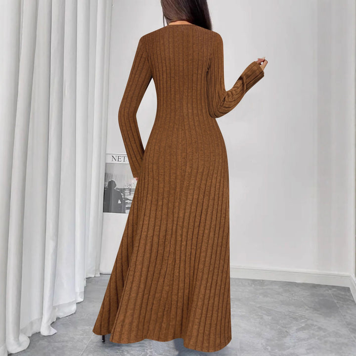 Damen Geripptes Maxi-Strickkleid mit Taillennaht und Knopfleiste Drune