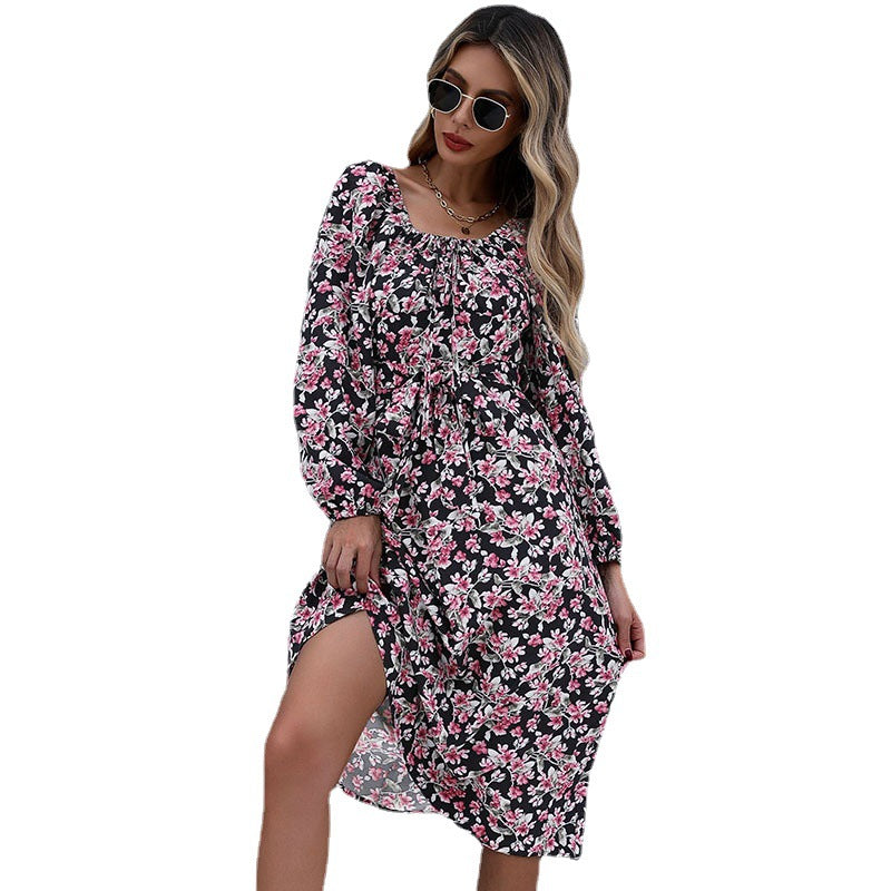 Damen Midikleid mit floralem Stufenrock, gerafftem Ausschnitt & Taillenzug Drune