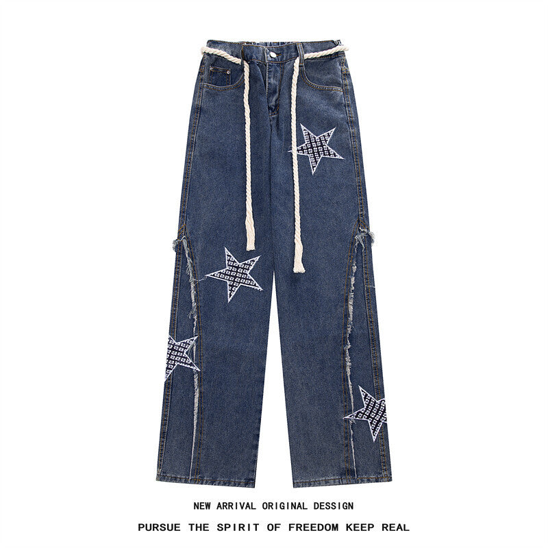 Damen Weite High‑Waist Denimhose mit Stern‑Applikationen, Fransen‑Seitenschlitzen und Kordelbund Drune