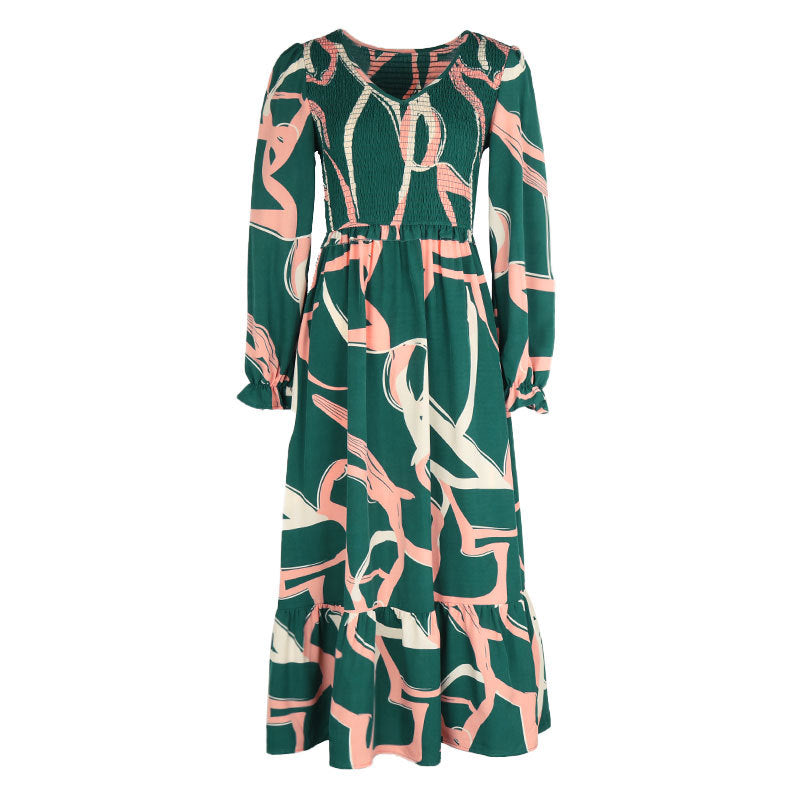 Damen Midikleid mit gerafftem Smok-Oberteil, V-Ausschnitt und ausgestelltem Volantrock Drune