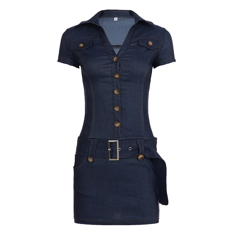 Damen Jeanshemdkleid mit Gürtel und knöpfbarem Ausschnitt Drune
