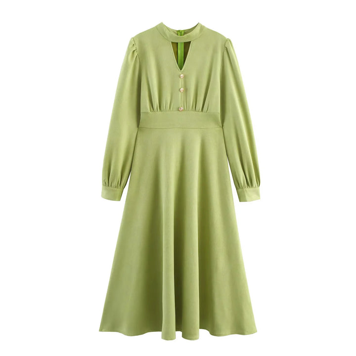 Damen nan feminines Midikleid mit Taillenbetonung, V‑Cutout am Ausschnitt und ausgestelltem Rock Drune