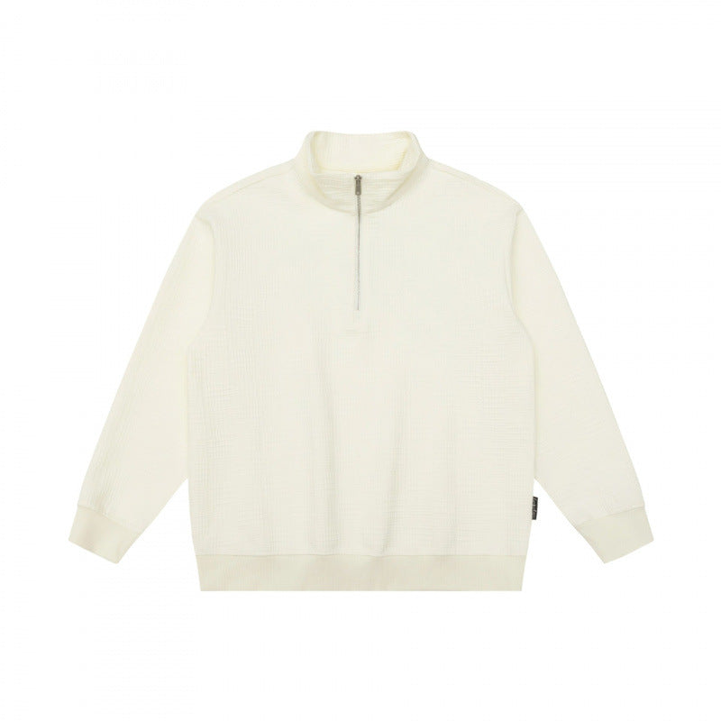Unisex Oversize Waffelstruktur Halbzip-Pullover mit Stehkragen Drune