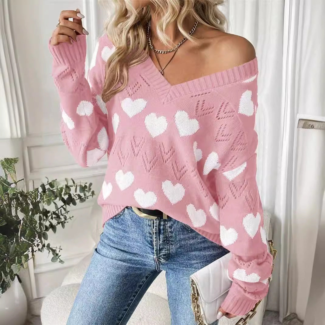 Damen kuscheliger Pullover mit herzförmigem Muster und V-Ausschnitt Drune