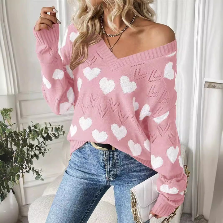 Damen kuscheliger Pullover mit herzförmigem Muster und V-Ausschnitt Drune