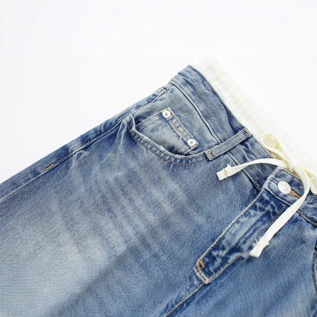 Damen 30+ weite High‑Waist Jeans mit elastischem Tunnelzugbund und geradem Bein Drune