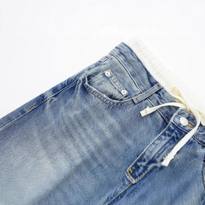 Damen 30+ weite High‑Waist Jeans mit elastischem Tunnelzugbund und geradem Bein Drune