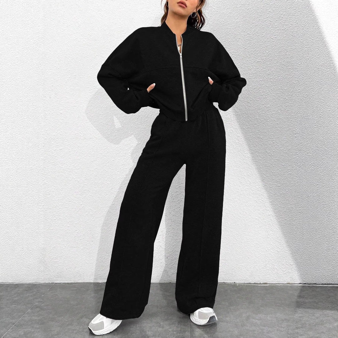 Damen Loungewear-Set mit kurzem Reißverschluss-Bomber und weiter High-Waist Jogginghose Drune