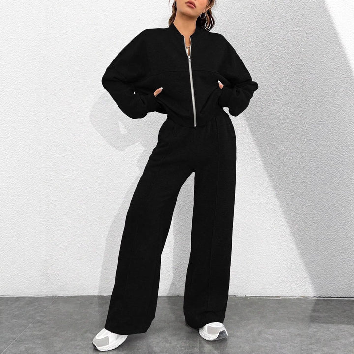 Damen Loungewear-Set mit kurzem Reißverschluss-Bomber und weiter High-Waist Jogginghose Drune