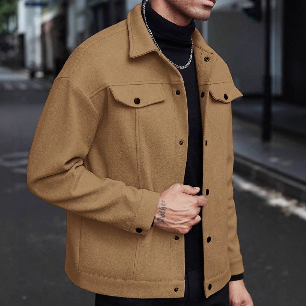 Herren Overshirt-Jacke im Trucker-Stil mit Wollmix-Optik und Druckknöpfen Drune