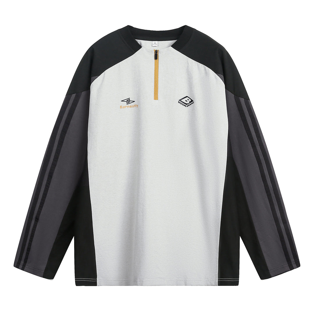 Unisex Sportliches Oversize-Halbzip-Sweatshirt im Retro-Track-Stil mit Kontrastpaneelen und Drei-Streifen-Ärmeln Drune