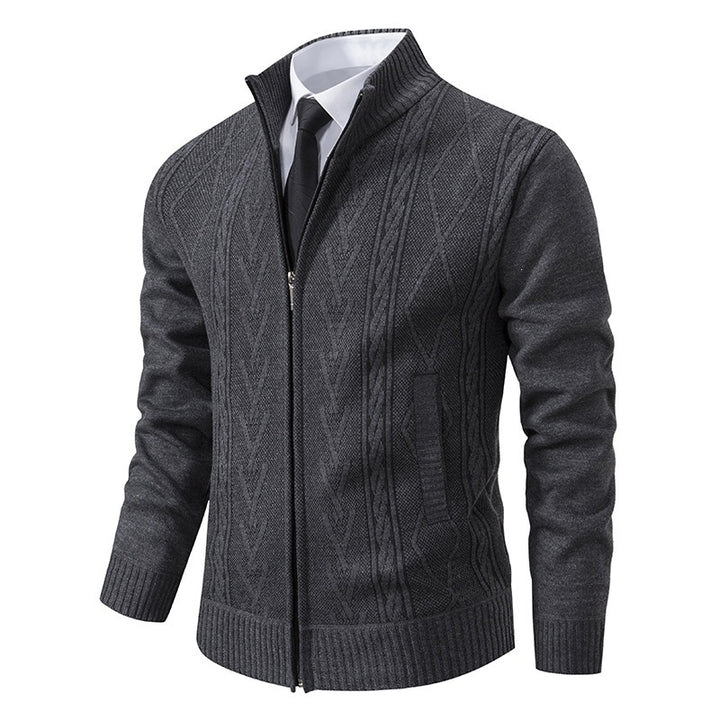 Herren Feinstrick-Zipjacke mit geometrischem Jacquardmuster, Stehkragen und Eingrifftaschen Drune