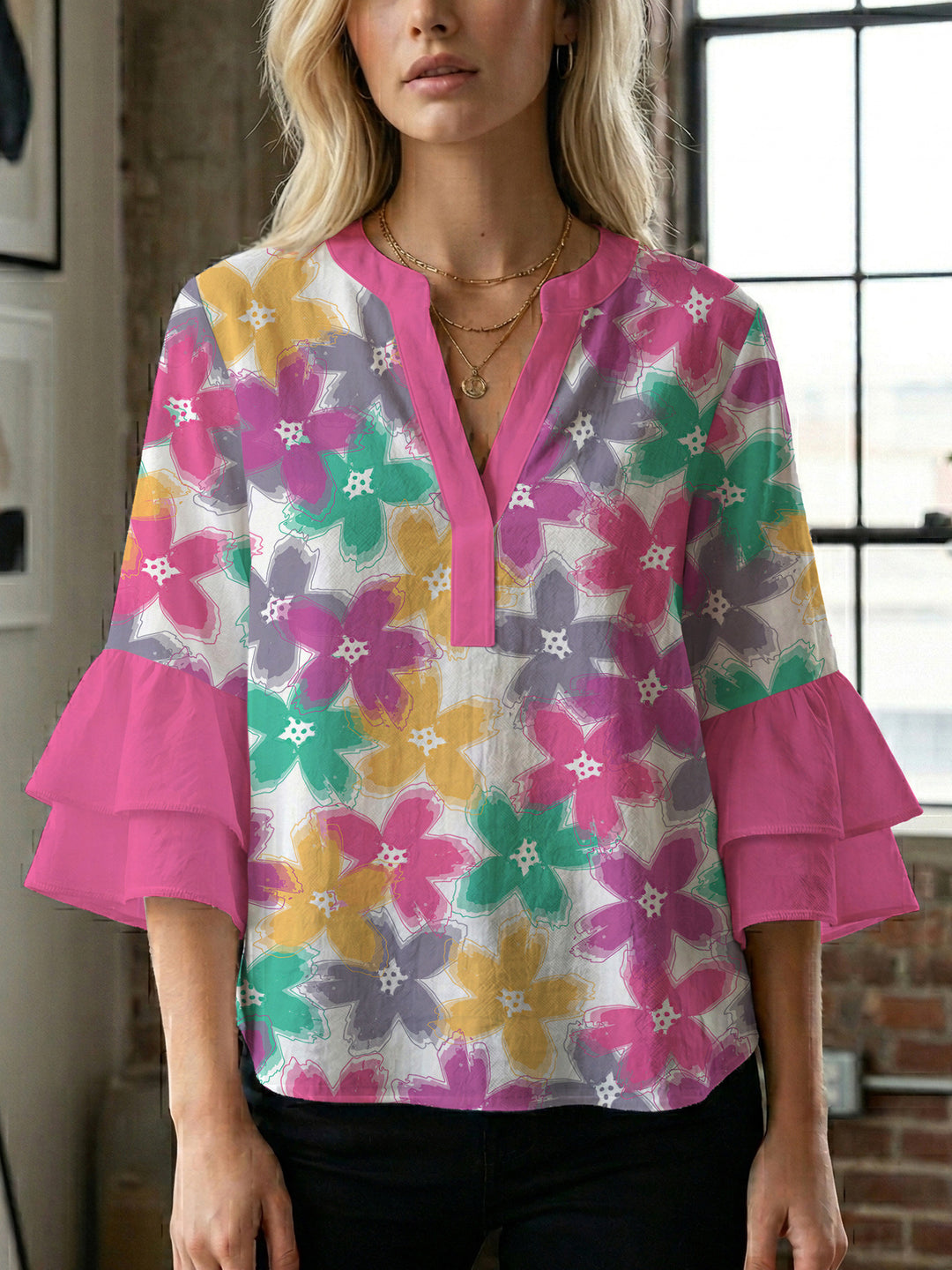 Damen Bluse mit voluminösen Ärmeln und floralem Design Drune