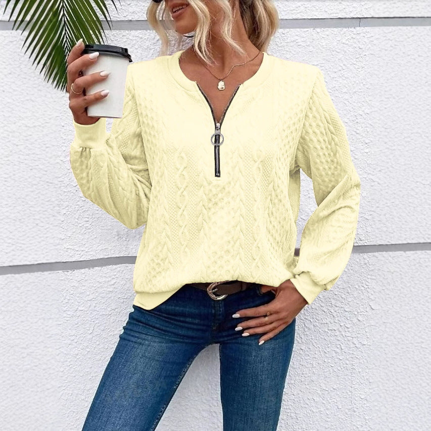Damen grob strukturiertes Strickpullover mit Kabelmuster, halber Reißverschluss und Ballonärmel Drune