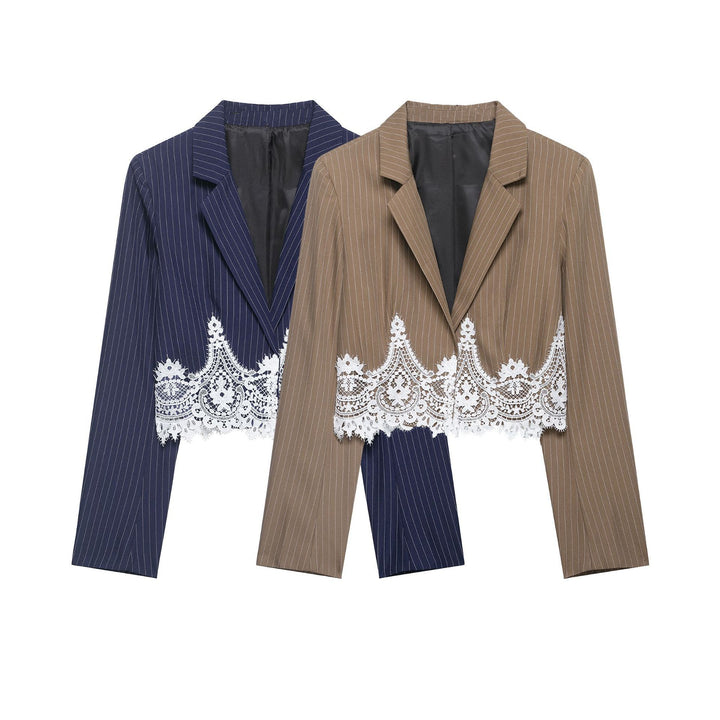 Damen Cropped Nadelstreifen-Blazer mit Spitzenbesatz und taillierter Silhouette Drune