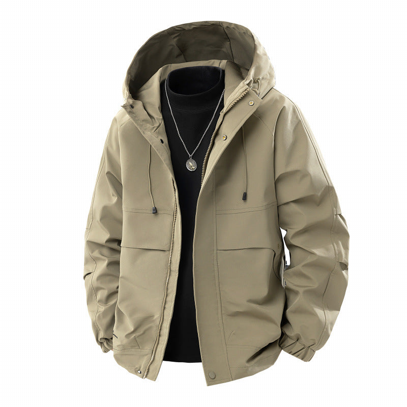 Herren Minimalistischer Tech-Softshell-Parka mit Kapuze, verdecktem Reißverschluss und Cargo-Brusttaschen Drune
