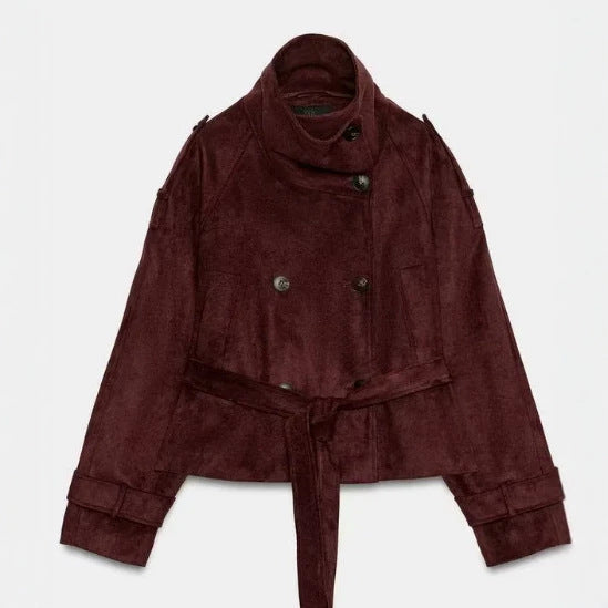 Damen Kurzjacke aus Wildlederimitat mit hohem Stehkragen und Bindegürtel Drune