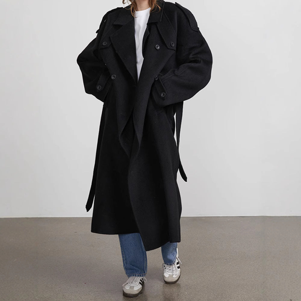 Damen Oversize Wollmantel mit breitem Reverskragen und Taillengürtel Drune