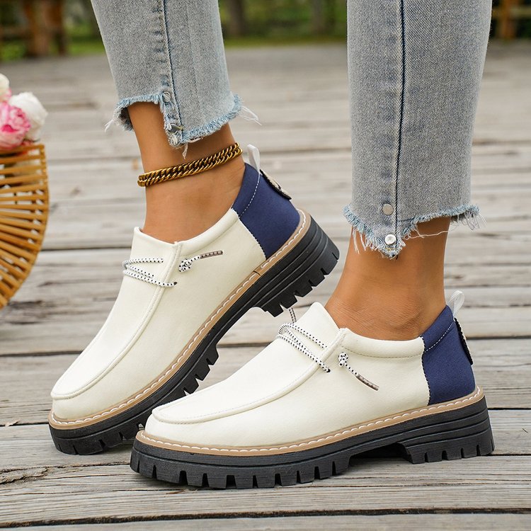 Damen Modische Slipper-Loafer mit grober Profilsohle, Canvas-Obermaterial und dekorativer Kordel Drune