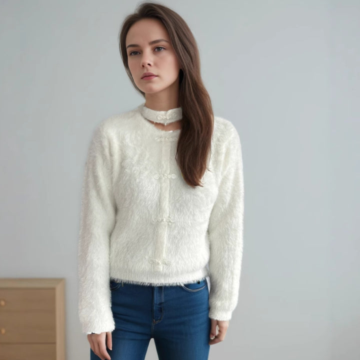 Damen kuscheliger Pullover mit hochgeschlossenem Kragen und dekorativen Knopfdetails Drune