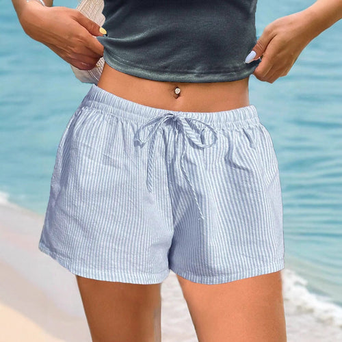 Damen lässige Shorts mit elastischem Bund und feinem Streifenmuster Drune