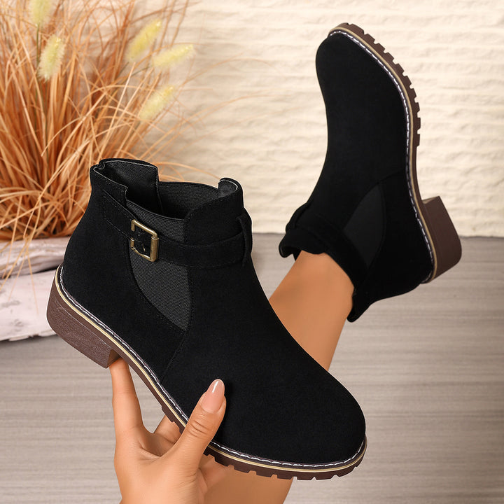 Damen Stiefelette mit Velours-Optik, elastischem Einsatz und Schnallenriemen Drune