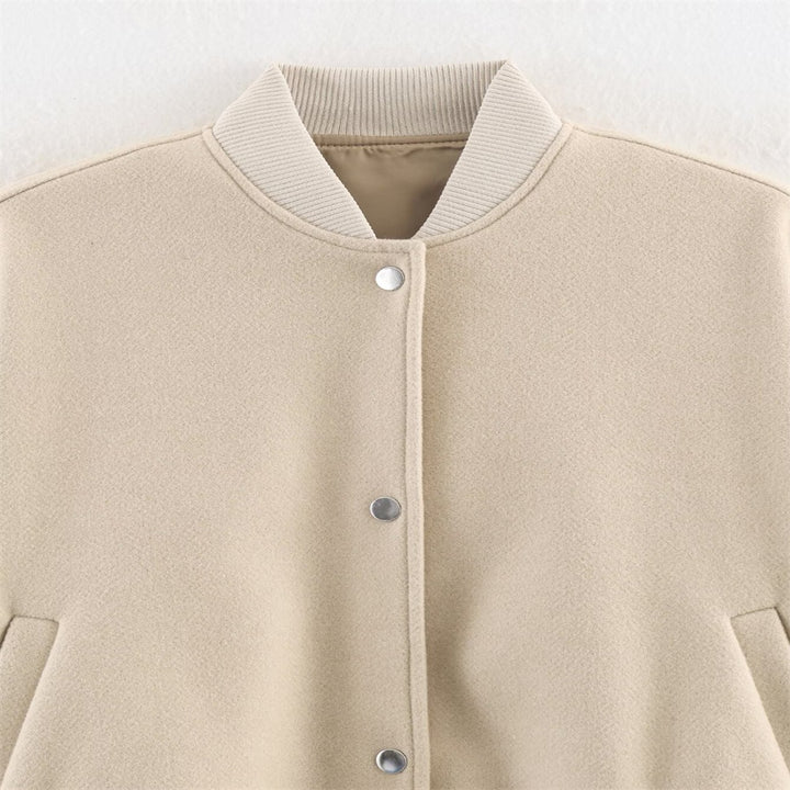 Damen Kurz geschnittene Boxy-Bomberjacke mit geripptem Kragen, Druckknopfverschluss und Eingrifftaschen Drune