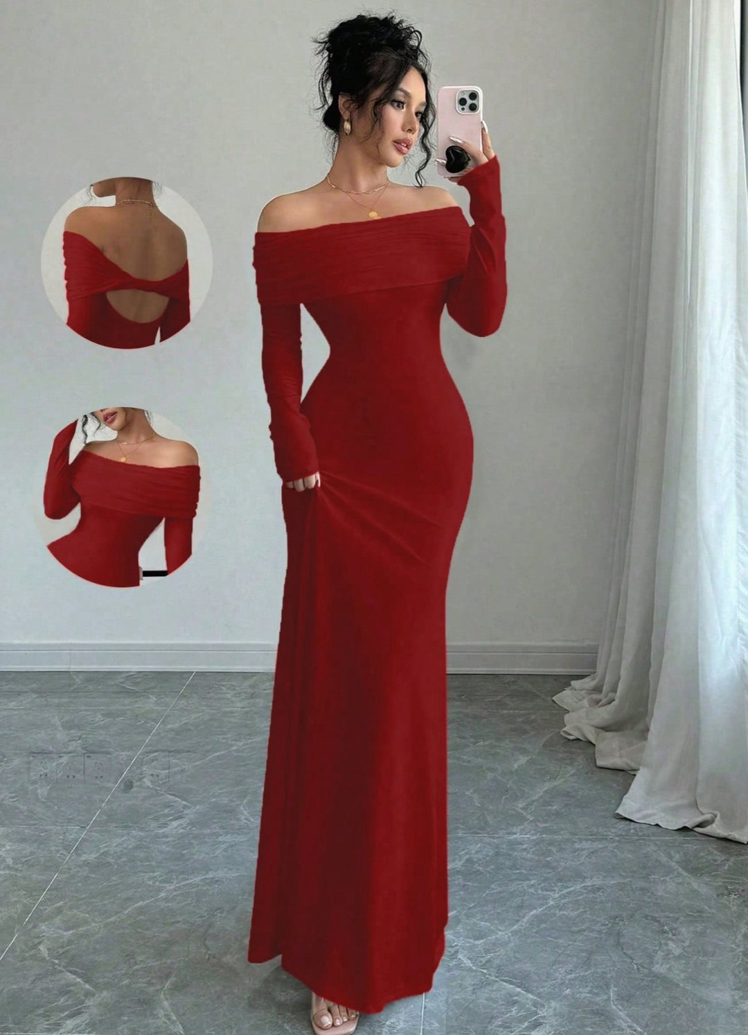 Damen elegantes Schulterfreies Langarm-Maxi-Kleid mit raffinierten Rückendetails Drune