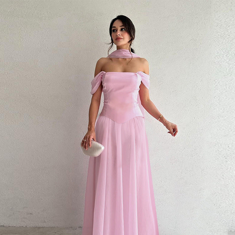 Damen Abendkleid mit schulterfreiem Design und eleganten Rüschen akzenten Drune