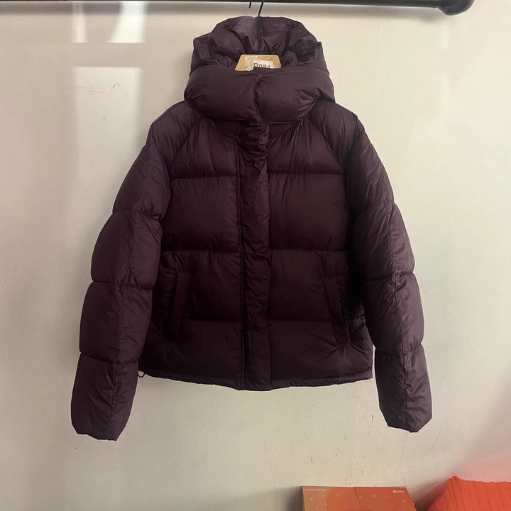 Damen Boxy Steppjacke mit hohem Kragen, Kapuze und verdeckter Verschluss Drune