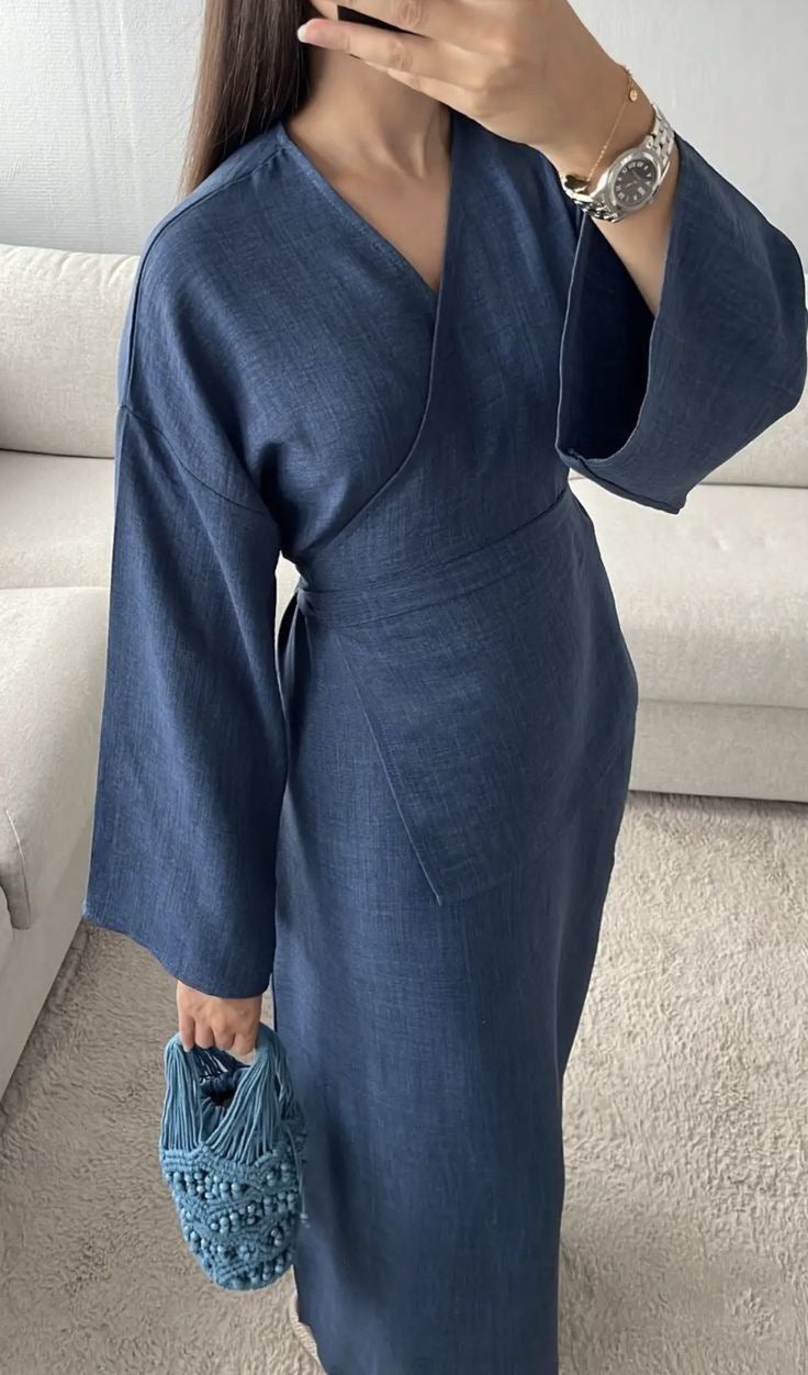 Damen Wickelmaxikleid in Leinenoptik mit Kimonoärmeln und Taillenbund Drune