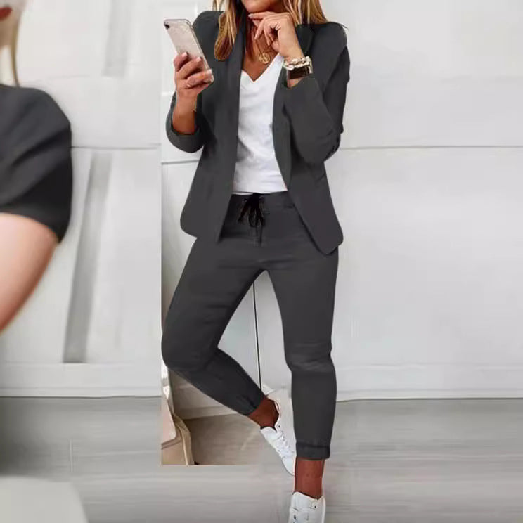 Damen nan lässiges Hosenanzug-Set mit Joggerhose, Kordelzug und tailliertem Blazer Drune
