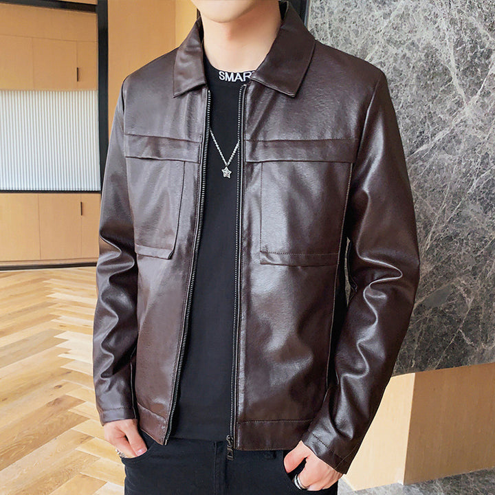Herren minimalistisches Kunstleder-Zipblouson mit Hemdkragen und Pattentaschen Drune