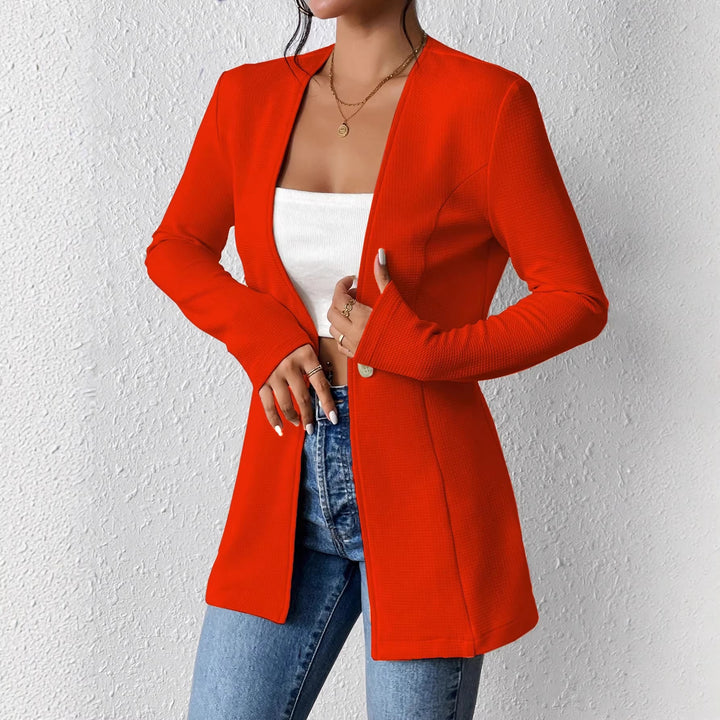 Damen Taillierter kragenloser Longblazer mit Ein-Knopf-Verschluss Drune