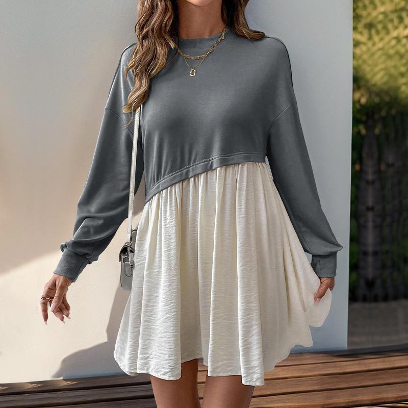 Damen Lässiges Sweatshirt-Babydoll-Kleid mit asymmetrischer Taillennaht und weiter Stufenrock Drune
