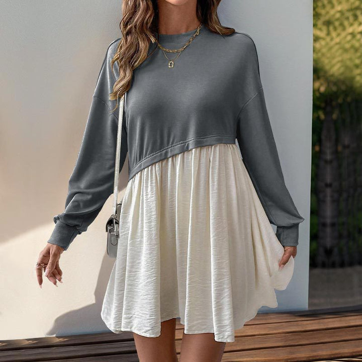 Damen Lässiges Sweatshirt-Babydoll-Kleid mit asymmetrischer Taillennaht und weiter Stufenrock Drune