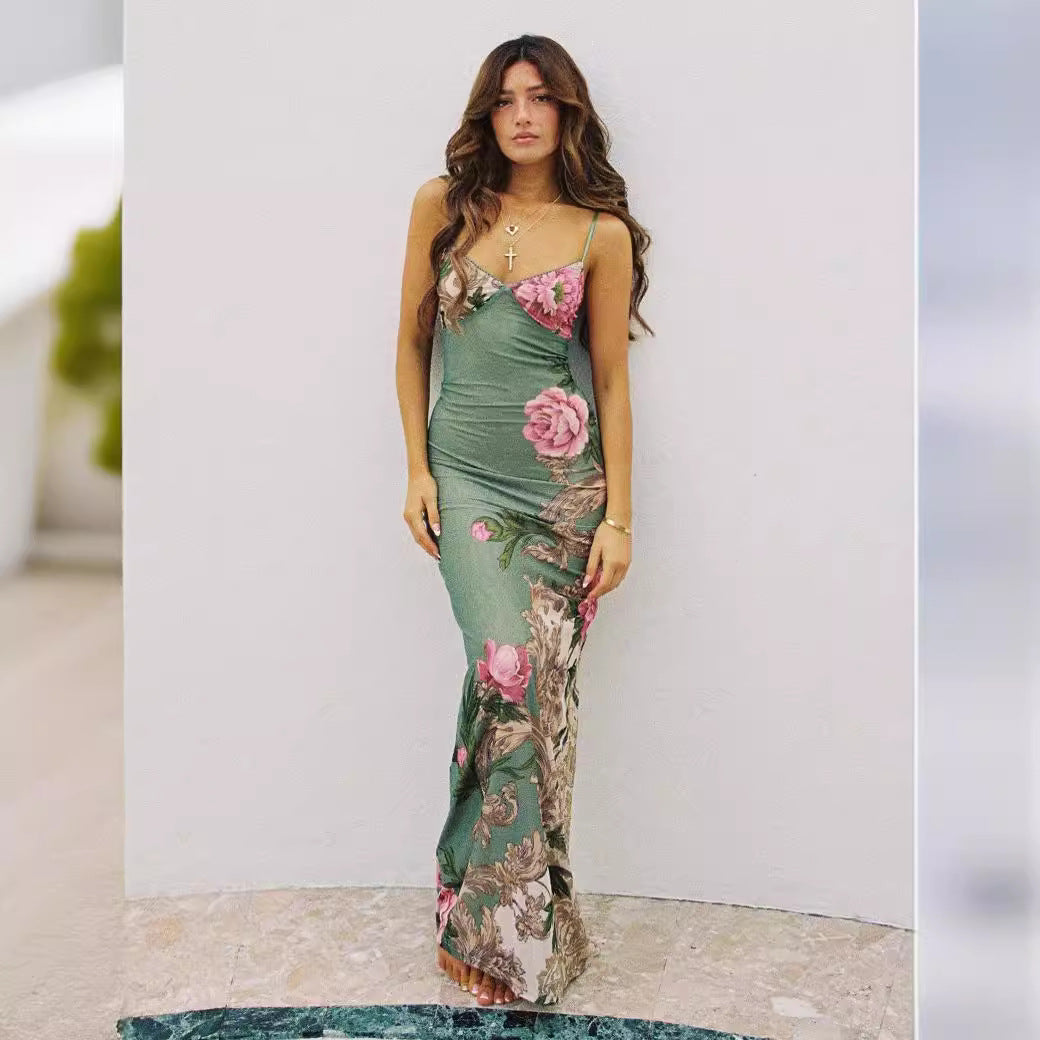 Damen Etuikleid mit zartem floralem Druck und feinen Spaghetti-Trägern Drune