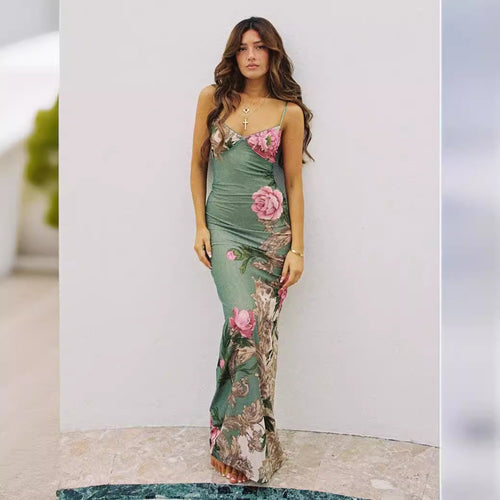 Damen Etuikleid mit zartem floralem Druck und feinen Spaghetti-Trägern Drune